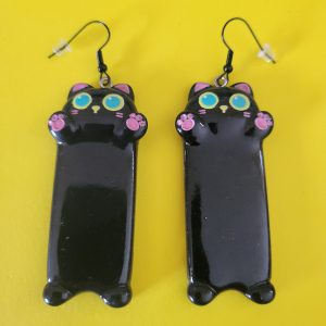 Cat Lady Earrings Long Black Cat With Blue Eyes