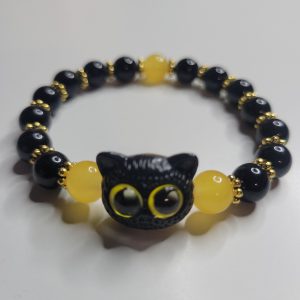 Black Chinese Asian Cat Stretch Bracelet With Obsidian Beads Yellow Eyes