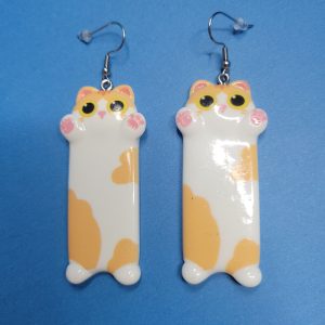 Cat Lady Earrings Long White And Orange Cat With Pink Paws