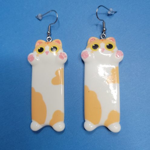 Cat Lady Earrings Long White And Orange Cat With Pink Paws