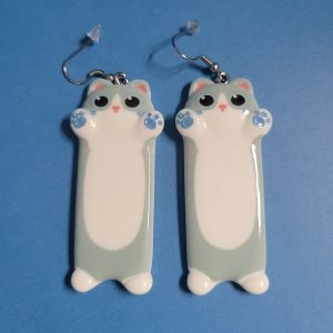 Cat Lady Earrings Long White And Grey Cat