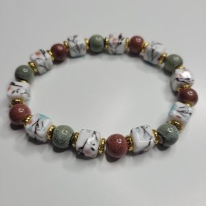 Japanese Garden Stretch Bracelet Glazed Ceramic Porcelain Flowers