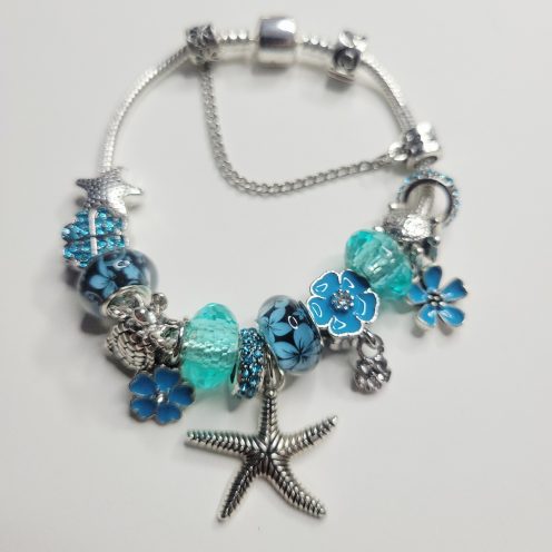 Pandora Style Charm Bracelet Blue And Silver Ocean Drive Snap Close