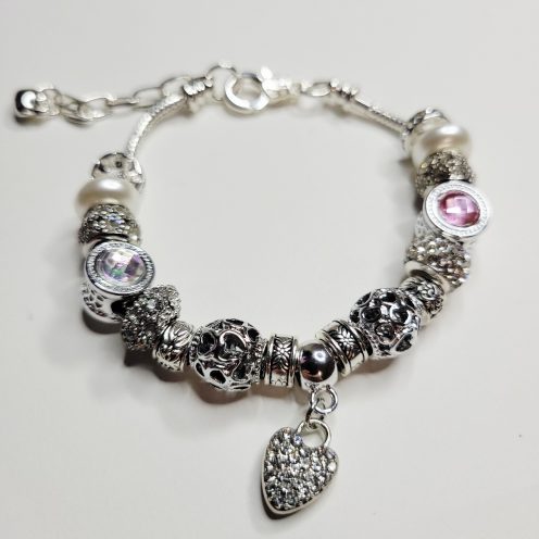 Pandora Style Charm Bracelet Sparkle Heart Rhinestones Rondelles Spacers