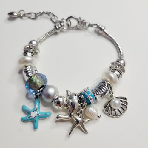 Pandora Style Charm Bracelet - Premium Oceanside Charms Blue Silver
