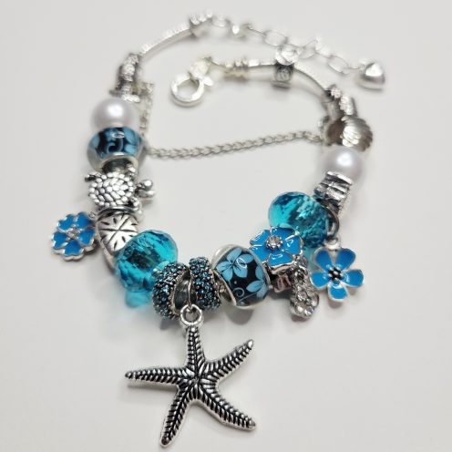 Pandora Style Charm Bracelet Blue And Silver Ocean Drive Lobster Clasp XL