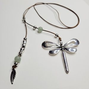 Large Dragonfly Pendant Slipchain Necklace With Feather Charm