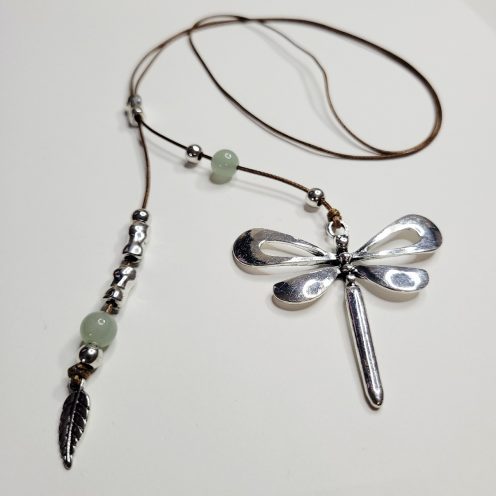 Large Dragonfly Pendant Slipchain Necklace With Feather Charm