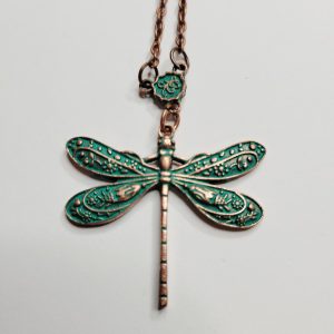 Small Green And Red Copper Dragonfly Pendant Necklace