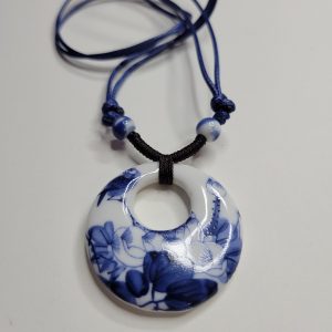 Chinese Blue Flowers On White Porcelain Necklace With Blue Cord