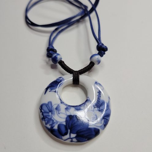 Chinese Blue Flowers On White Porcelain Necklace With Blue Cord