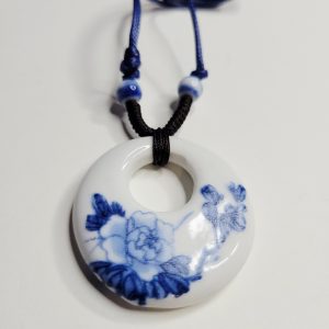 White Porcelain Pendant Necklace With Blue Chinese Flowers