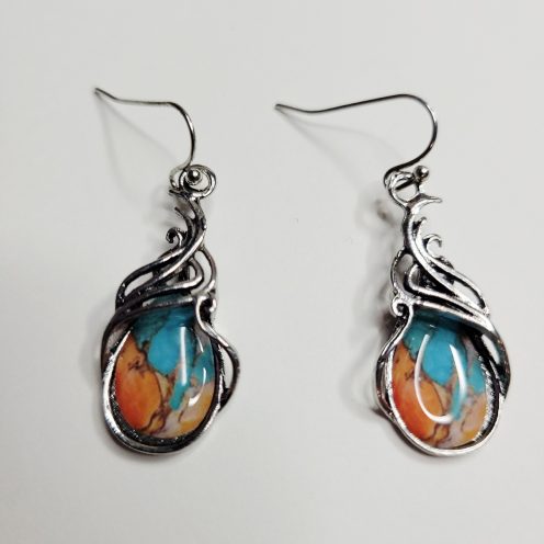 Shiny Blue And Orange Marble Pierced Earrings