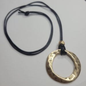 Hammered Gold Circle Pendant Necklace With Silky Black Cord