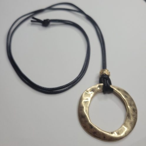 Hammered Gold Circle Pendant Necklace With Silky Black Cord