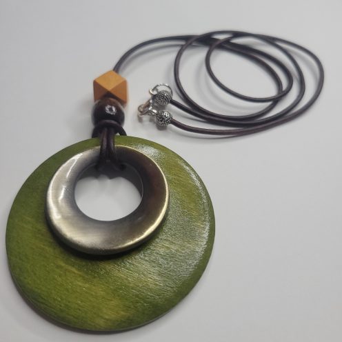 BOHO Avocado Green Wood Pendant Necklace With Real Leather Cord