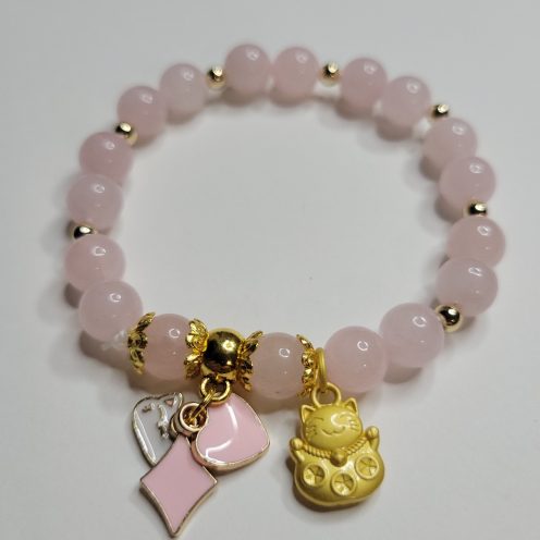 Genuine Chinese Lucky Cat Asian Pink Rose Quartz Charm Bracelet