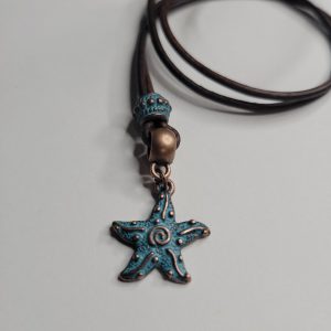 Southwest Style Copper Patina Starfish Pendant Brown Leather Necklace