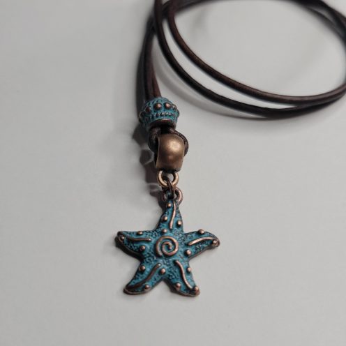 Southwest Style Copper Patina Starfish Pendant Brown Leather Necklace