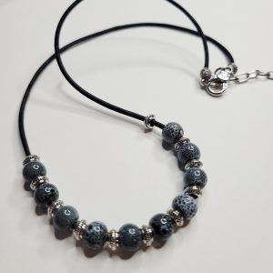 Slate Blue Ceramic Beads On Black Leather Cord Necklace