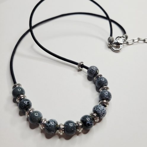 Slate Blue Ceramic Beads On Black Leather Cord Necklace