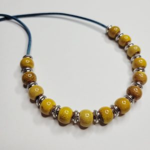 Mustard Yellow Ceramic Beads Blue Leather Cord Necklace (1)