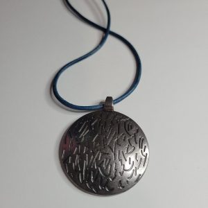 Pewter Color Chinese Fortune Hieroglyphic Pendant Leather Necklace
