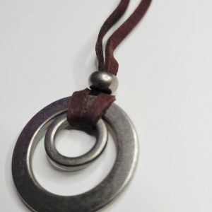 Brushed Silver Color Circle Pendant With Brown Suede Cord (1)