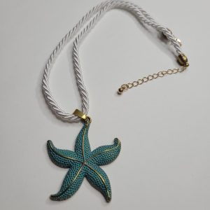 Teal And Gold Starfish Pendant With White Rope Cord