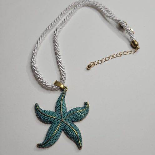 Teal And Gold Starfish Pendant With White Rope Cord