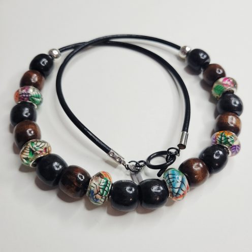 Woodland Circle Wood And Bead Leather Cord Necklace