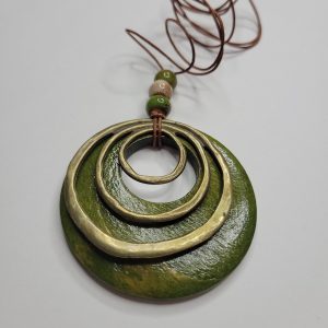 BOHO Avocado Green Wood Pendant On Brown Leather Cord