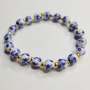 Asian Inspired Porcelain Flower Bead Stretch Bracelet