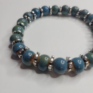 Amazing Blue Green Glazed Ceramic Bead Stretch Bracelet 6.75 In