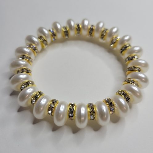 Pearly Whites Pearlescent Donut Beads And Golden Rhinestone Stretch Bracelet