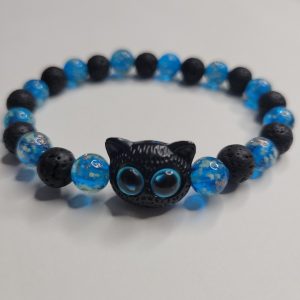 Glow In The Dark Blue Eyed Chinese Cat Lava Rock Stretch Bracelet