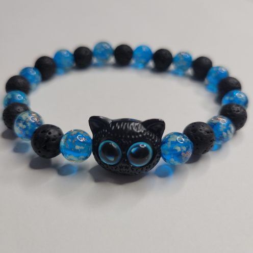 Glow In The Dark Blue Eyed Chinese Cat Lava Rock Stretch Bracelet