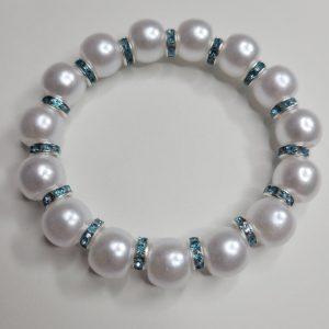 Super White Pearly Stretch Bracelet With Blue Rhinestones