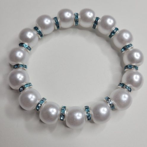Super White Pearly Stretch Bracelet With Blue Rhinestones