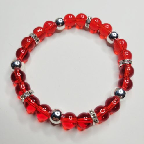 Crystal Clear Red Glass Bead And Rhinestone Stretch Bracelet