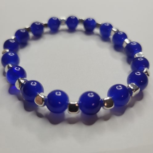 Cobalt Blue Glass Bead Stretch Bracelet With Silvery Accents