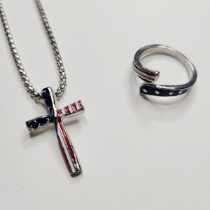 Patriotic Necklace And Adjustable Ring Set Red White And Blue