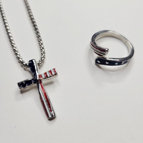 Patriotic Necklace And Adjustable Ring Set Red White And Blue