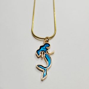 Deep Blue Sea Mermaid Pendant On Gold Color Necklace