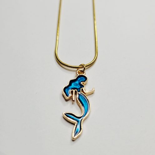 Deep Blue Sea Mermaid Pendant On Gold Color Necklace