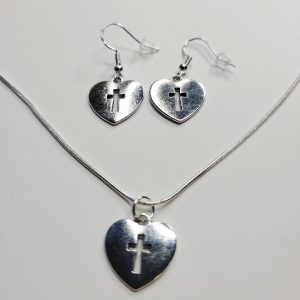 Cross Heart Charm Sterling Silver Necklace And Earrings Bundle
