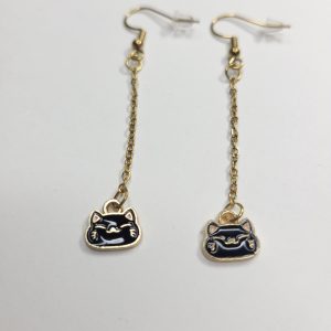 Black And Gold Cat Drop Chain Earrings