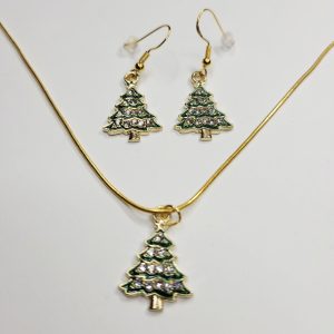 Sparkling Green Christmas Tree Charm Gold Color Necklace And Earrings Bundle