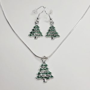 Sparkling Green Christmas Tree Charm Sterling Silver Necklace And Earrings Bundle