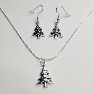 Antique Christmas Tree Charm Sterling Silver Necklace And Earrings Bundle
